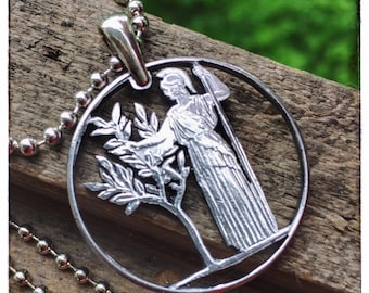 Italy 100 Lire, Minerva facing with olive tree 1979, Cut Coin Pendant with Necklace. Hand cut. 27.8 mm.