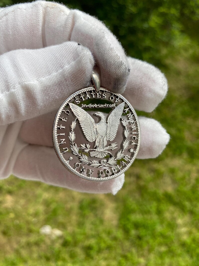 1 moneta "Morgan Dollar" in argento da 0,900 USA con taglio aquila, pendente e collana In God We trust, New York, Washington. immagine 4
