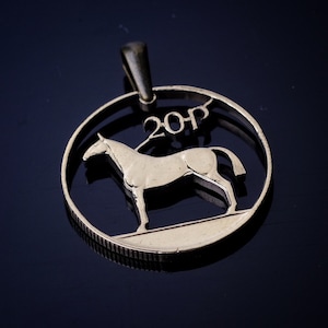 Ireland 20 Pence Cut Coin Pendant Irish necklace harp Hunting horse stallion fully detailed