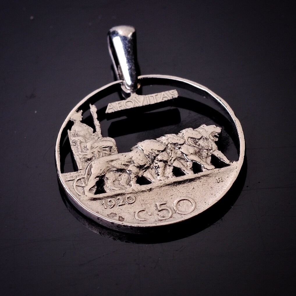 Italy 50 Centesimi - Victor Emmanuel III cut coin pendant with necklace. Rome. Neapol. Palermo.