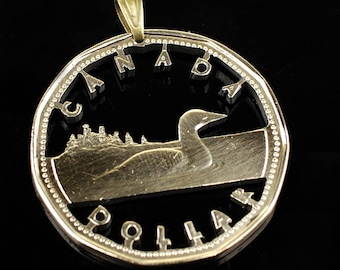 Canada 1 dollar Cut Coin pendant with necklace. Canadian LOON duck goose Ottowa Montreal Hand Cut