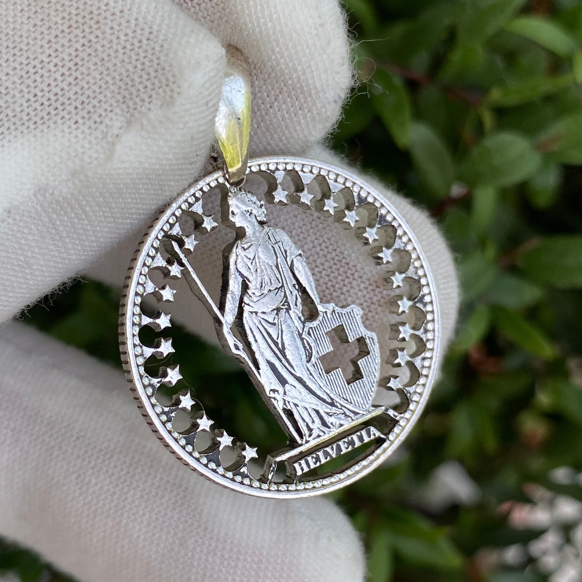 Silver Switzerland  2 Francs cut coin pendant with necklace Zurich Basel new design