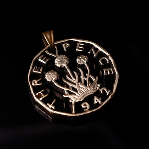 1942 United Kingdom 3 Pence Cut Coin pendant with necklace thrift plant flower Scotland London England