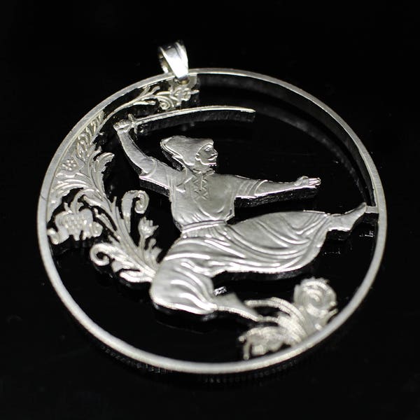 Ukrainian Cossack with sabre dance "Hopak"  Pendant with Necklace, Hand Cut. Ukranian Coin 5 Hryvnia Cut Coin.