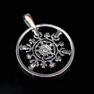 2 Shillings - Elizabeth II Hand Cut Coin Pendant with necklace. Tudor rose, shamrocks London.