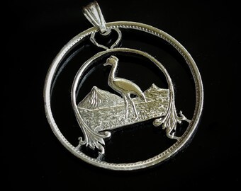 Uganda 1 Shilling Cut Coin Anhänger mit Halskette Kob Crested Crane Vogel Afrika Bantu Kampala