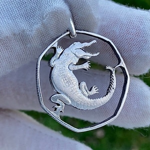 Gambia 1 dalasi Crocodile cut coin  Pendant with  Necklace,  random  years.