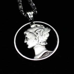 Mercury Dime Silver Cut Coin Pendant. Winged Liberty Cut Out USA Dime