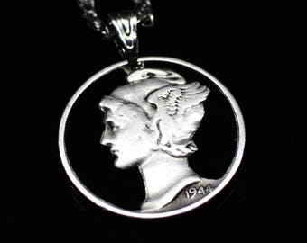 Mercury Dime Silver Cut Coin Pendant. Winged Liberty Cut Out USA Dime