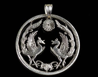 1922 Japan Silver 50 Sen - Taishō Phoenix  Cut Coin Pendant with Necklace Sun Tokyo Yokohama. Hand Cut