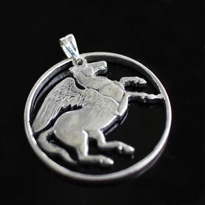 Greece Pegasus Pendant Necklace. Greek 5 Draxmai Coin. Hand Cut