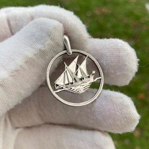 Kuwait 5 fils Cut coin pendant Dhow ship Arab boat necklace Kuwaiti Islam