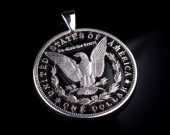 1 USA 0.900 silver "Morgan Dollar" Eagle Cut coin  Pendant & Necklace In God We trust, New York, Washington.