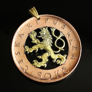 Lion Czech Republic Prague 50 krone detailed cut coin pendant with Necklace 1993yr 28 mm