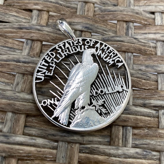 1 Peace dollar 1923  "American Silver Eagle" Cut Coin Pendant with necklace. Handcrafted.