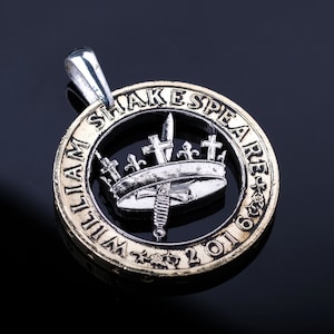 United Kingdom Crown and Sword Cut Coin Pendant with necklace. Shakespeare, History British London