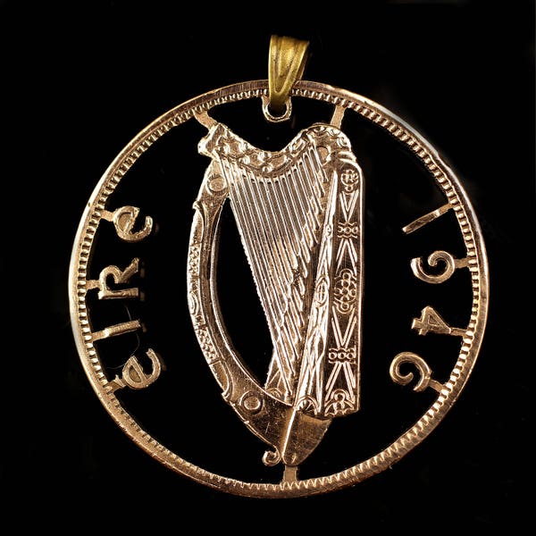 Ireland 1 Pingin cut coin pendant with necklace Irish Gaelic harp with date Cláirseach hen & chicks