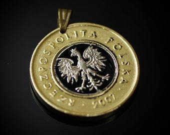 Poland 2 Zlotych cut coin pendant with necklace Polish white eagle Polska Warsaw Kraków