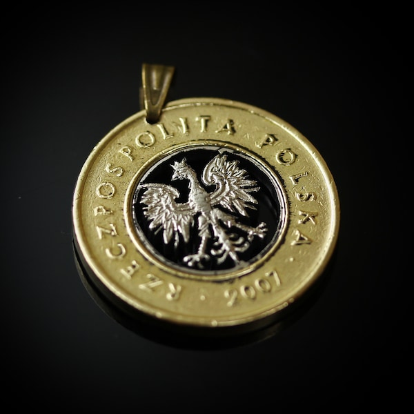 Poland 2 Zlotych cut coin pendant with necklace Polish white eagle Polska Warsaw Kraków