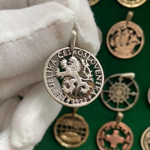 1 Koruna Republika Československa Czech lion with Slovak shield Cut coin pendant with necklace