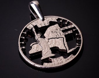 State New York USA Statue of Liberty  Quarter cut coin pendant. Ellis  island