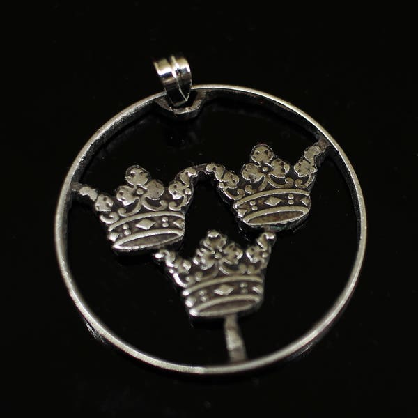 Sweden 5 Ore Patriotic Crown Pendant with Necklace, Cut Coin Jewelry