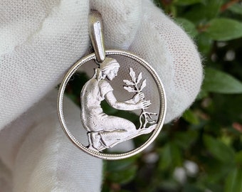 Collar con colgante de moneda tallada de 50 pfennig de Alemania, plantación de árboles, jardín, Berlín, Baviera, Múnich