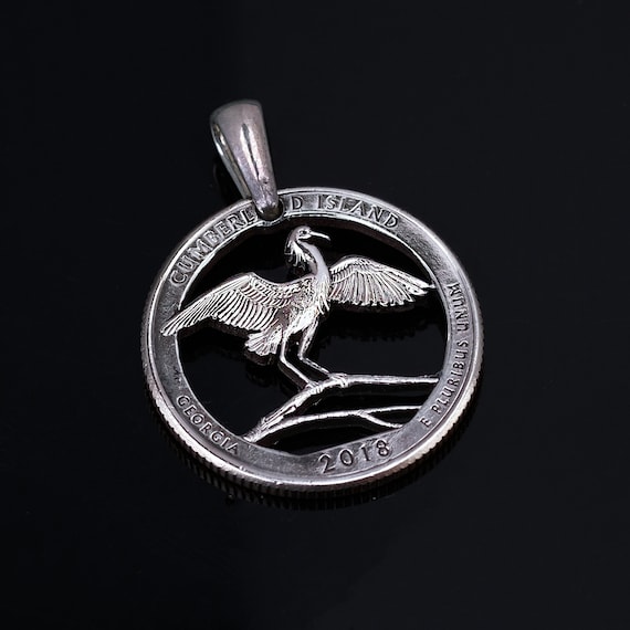 Snowy egret USA Washington Quarter Cumberland Island Cut Coin Pendant Necklace Handcut.