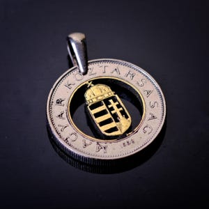 Hungary 100 forint cut coin pendant with necklace Hungarian holy crown St Stephen Budapest modern design