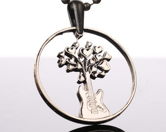 Poland - 2 zloty Quitar with Loving hearts cut coin pendant with necklace. Christmas Charity. Warsaw