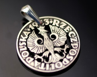 Polen Wappen mit Datum, 1923 Münzanhänger mit Halskette. Gekrönter Adler. Rzechpospolita. Polska.  Hand geschnitten.