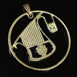 Israel 1/2 Sheqel cut coin pendant Jewish 12 stringed harp lyre Jerusalem necklace 26mm