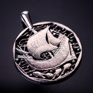Portugal 50 Escudos Cut Coin pendant   Portuguese ship or stylized boat at sail nautical Compass Lisabon Porto