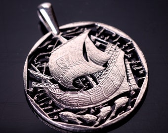 Portugal 50 Escudos Cut Coin pendant   Portuguese ship or stylized boat at sail nautical Compass Lisabon Porto