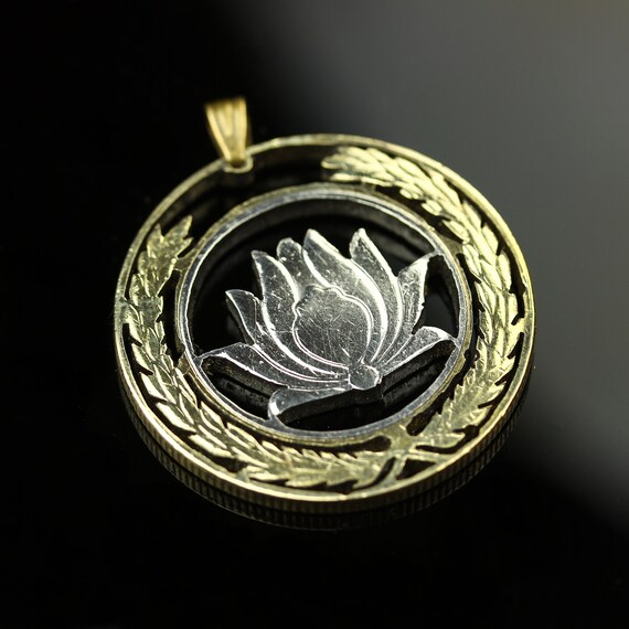 Lotus flower, cut coin pendant with necklace. Beautiful piece of art!