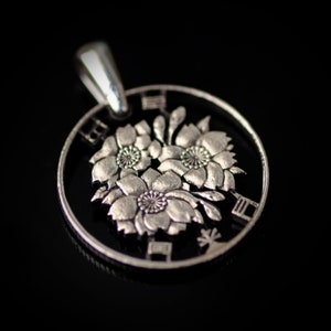 Japan 100 Yen Cut Coin Pendant with Necklace Nippon Cherry blossom flower Tokyo Yokohama. Hand Cut