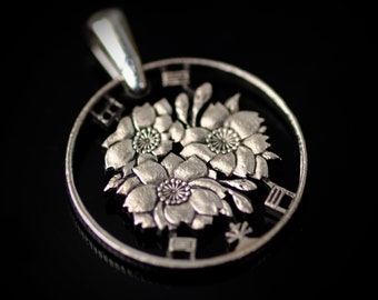 Japan 100 Yen Cut Coin Pendant with Necklace Nippon Cherry blossom flower Tokyo Yokohama. Hand Cut