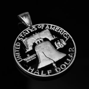 90% Half Silver Dollar Franklin Cut Coin Pendant with Necklace. Liberty bell.