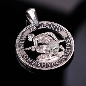 New Zealand 1 Shilling Crouched Maori warrior Cut Coin pendant/necklace. Rare!