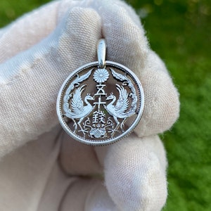 1922 Japan Silver 50 Sen - Taishō Phoenix  detailed Cut Coin Pendant with Necklace Sun Tokyo Yokohama. Hand Cut new design.
