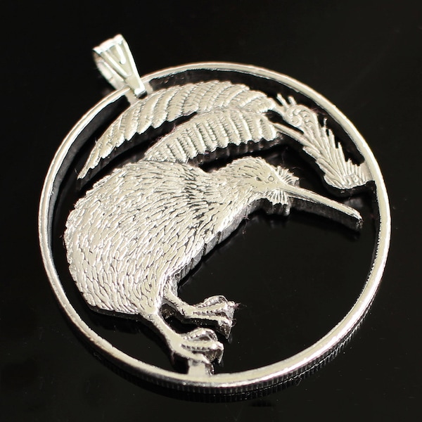 New Zealand Kiwi ( Bird ) Cut Coin Pendant with Necklace. Hand cut. 1-1/8" diameter