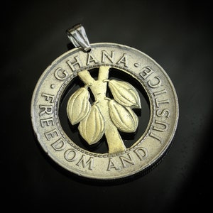 Ghana 100 Cedis Cut Coin Pendant with Necklace Ghanaian cocoa beans African Ashanti