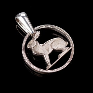 Ireland 3 pence Cut Coin Pendant with Necklace Irish rabbit bunny hare Gaelic harp Easter. Hand Cut