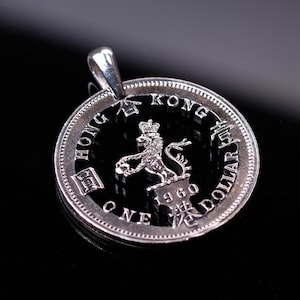 Hong Kong 1 dollar Crowned Lion China cut Coin Pendant with necklace  British colony ( random years )
