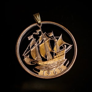 UK Great Britain 1/2 penny Cut Coin Pendant with necklace  Golden Hind ship British England