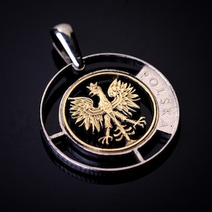 Redesigned Poland 5 Zlotiy Eagle cut coin pendant with necklace Polish white eagle Polska Warsaw Kraków