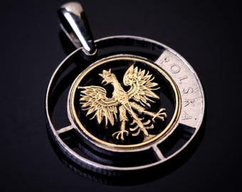 Redesigned Poland 5 Zlotiy Eagle cut coin pendant with necklace Polish white eagle Polska Warsaw Kraków