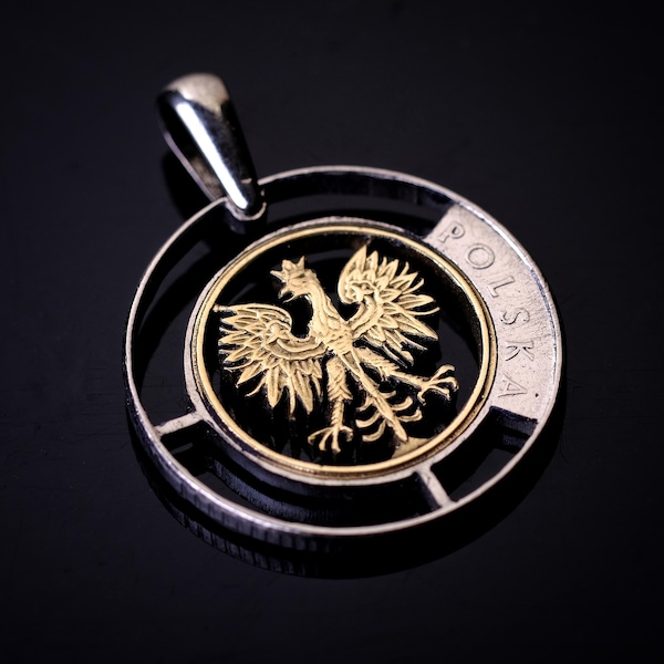 Moneta polacca da 5 zloti ridisegnata con ciondolo e collana con aquila bianca polacca Polska Varsavia Cracovia