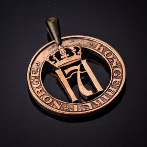 Norway 5 Ore Cut Coin Pendant with necklace  Norwegian crown Norge initial H Scandinavian