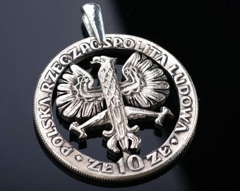 1967 Poland Crowned Eagle Rzech Pospolita 10  zlotych Cut Coin Pendant with Necklace.  Warsaw. Poznan